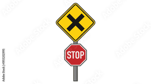 A yellow diamond-shaped road sign with a black X indicating a crossroad, topped by a red octagonal stop sign on a pole against a white background.