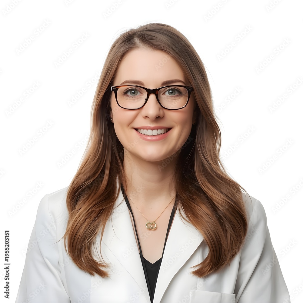 Obraz premium woman in white lab coat with glasses posing against plain background representing medical or scientific professional portrait