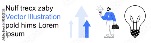 Business growth, innovation, strategy, creativity solutions, leadership, professional development. Rising arrows, light bulb and a figure holding a glowing idea. Business growth and innovation