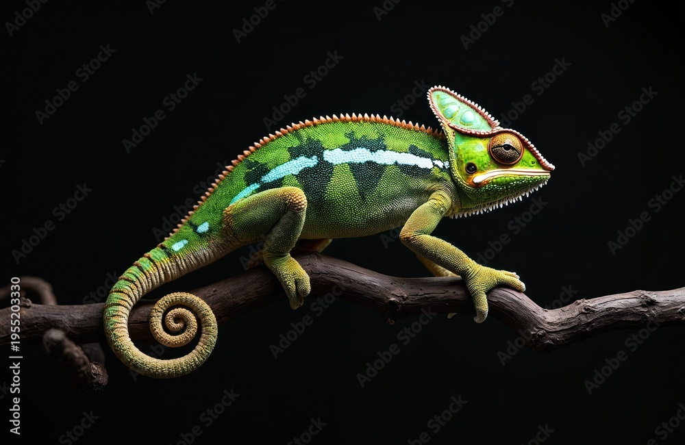 Fototapeta premium Jackson chameleon reptile with green and blue pattern sits on dark tree branch. This female lizard has big eyes and scaly skin with crest on head. Wildlife closeup on black background.