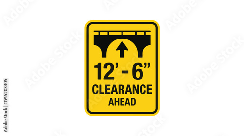 A yellow road sign warns of a 12' - 6 overhead clearance ahead, featuring a bridge icon with an upward arrow.