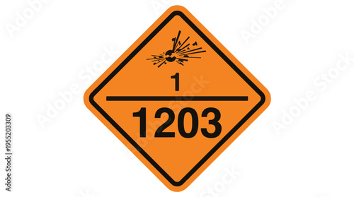 Orange diamond-shaped hazard label with black border, featuring an exploding bomb symbol, number '1' above a line, and '1203' below, indicating Class 1 Explosives.