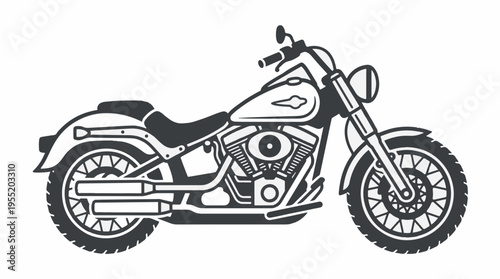 A monochrome vector illustration of a classic cruiser motorcycle in a side profile. It features a detailed engine, spoked wheels, and prominent exhaust pipes.