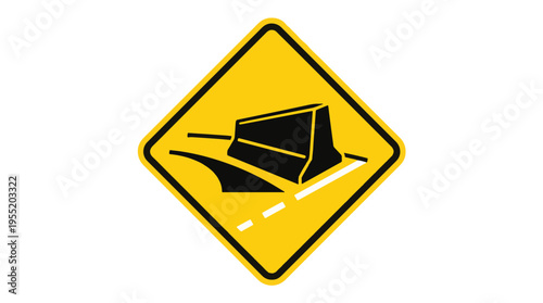 Yellow diamond warning sign with a black pictogram indicating a road narrowing or lane ending. It shows a barrier on the right side of the road and a dashed line.