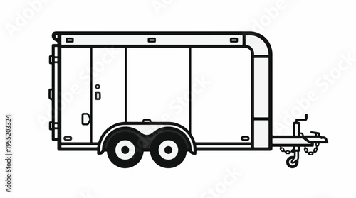 Side profile line art of a white enclosed cargo trailer with two axles, a rear door, and a front hitch. Simple black and white illustration of a utility trailer.