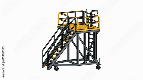 A mobile industrial work platform with stairs, a top deck with yellow handrails, and wheels, depicted in a 3D rendering. A ladder is also visible.