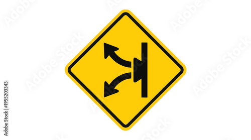 A yellow diamond-shaped road sign with a black border. It features a black symbol of a vertical main road line on the right, with two staggered curved arrows pointing left, representing a st