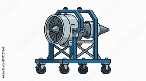Cartoon illustration of a gray jet engine mounted on a blue wheeled maintenance stand or dolly, ready for transport, repair, or display.