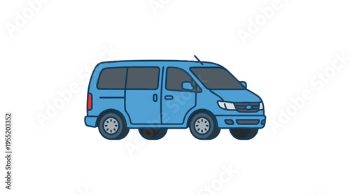 A simple, flat design illustration of a light blue passenger van or minibus. The cartoon-style vehicle has dark windows, a front grille, and wheels, on a white background.