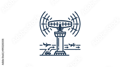 Line art icon depicting an air traffic control tower with a rotating radar antenna, showing airplanes in flight and a car on the ground, symbolizing airport operations.