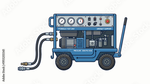 A blue hydraulic test unit on wheels with gauges, hoses, and controls, designed for aircraft support.