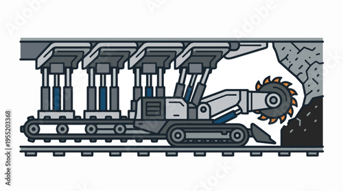Cartoon style tunnel boring machine (TBM) with a rotating cutting head excavating rock and temporary roof supports, moving on tracks.