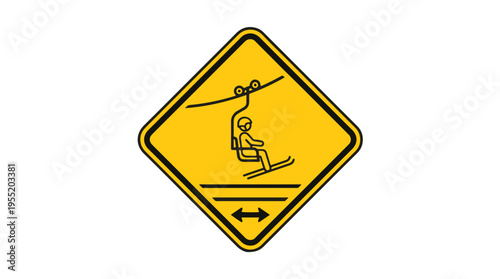 Yellow diamond warning sign with a black border featuring a person on a ski lift chair icon, plus two horizontal arrows below, signaling safe distance or spacing.