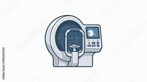 Stylized illustration of a modern ophthalmology machine. The light gray and blue device features a headrest, a large scanning unit, and a control panel with a screen for eye exams.