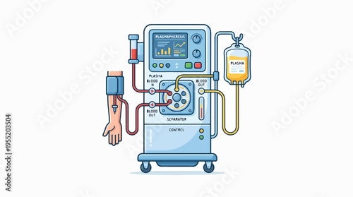 Flat design illustration of a plasmapheresis medical device hooked to a human arm, separating blood into plasma and returning filtered blood, with a control panel and plasma collection bag.