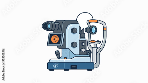 A stylized illustration of an eye examination machine, featuring a slit lamp, camera, and diagnostic tools, on a white background.