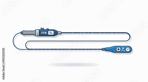A medical device, likely for cardiovascular diagnostics, featuring a handle with a display, a long cable, and a sensor tip.