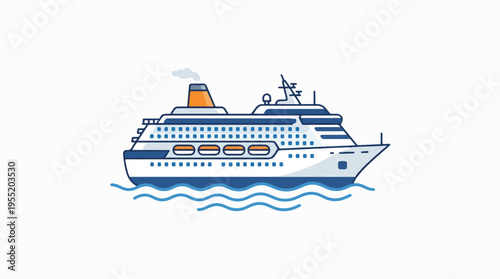 A stylized, flat illustration of a white cruise ship with blue windows and a yellow-capped smokestack, sailing on wavy blue water.
