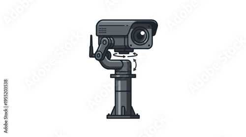 A gray security camera on a mount with an adjustable arm, suggesting surveillance or monitoring capabilities.
