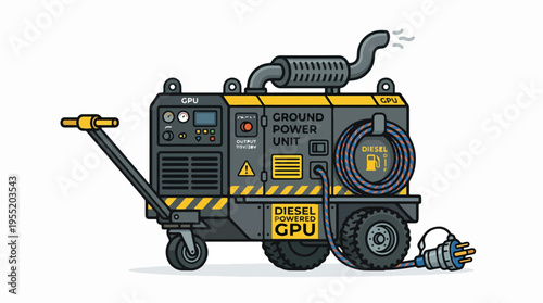 A yellow and grey diesel-powered ground power unit with a handle, wheels, and exhaust pipe emitting smoke, connected to a plug.