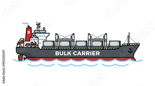 Cartoon illustration of a bulk carrier ship with BULK CARRIER written on its side, sailing on blue waves.