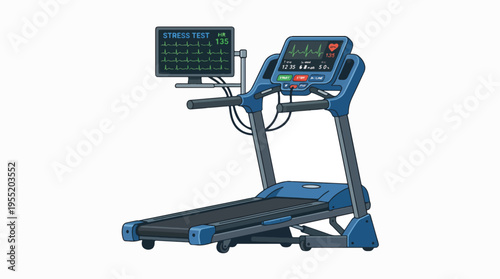 A blue treadmill with a monitor displaying a stress test, heart rate, and vital signs. It's a medical device used for exercise testing.