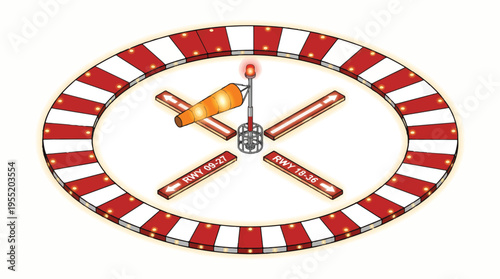 A helipad with a windsock, runway indicators, and perimeter lights, designed for safe helicopter landings and takeoffs.