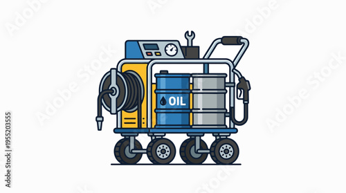 A mobile cart with dispensing equipment, featuring oil and fluid drums, a hose reel, and a nozzle, ideal for fluid transfer and maintenance tasks.
