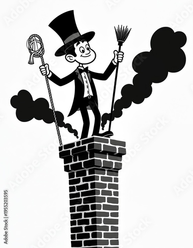 Cartoon chimney sweep stands on brick chimney top holding brush and rope. Man wears top hat and tuxedo. Black smoke puffs around him. Retro profession concept.