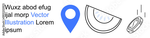 Navigation, location services, financial transactions, food concepts, minimal design, modern visuals. Blue location pin, line art watermelon slice and falling coin. Navigation and location services
