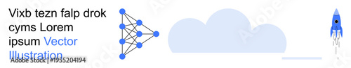 Technology, innovation, data systems, cloud storage, machine learning, modernization. A network structure, cloud icon and a rocket. Technology and innovation with abstract connections
