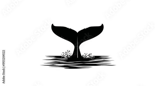 A black and white illustration of a whale's tail emerging from the ocean with splashes