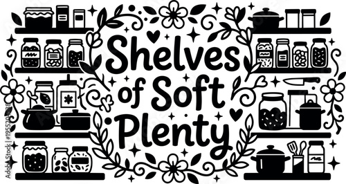 Shelves of soft plenty jars kitchen utensils floral decorations black and white vector art