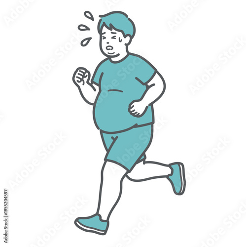 汗をかいて必死に走るぽっちゃり男性のイラスト（ダイエット・疲労）