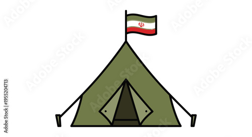 Green tent with flying flag.