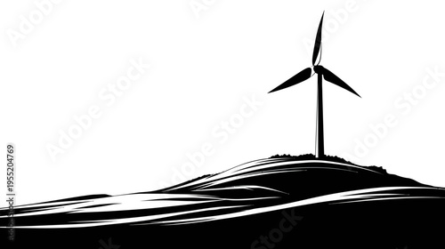 A black and white illustration of a wind turbine on top of a grassy hill