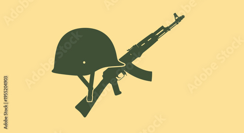 Military helmet and rifle combination.