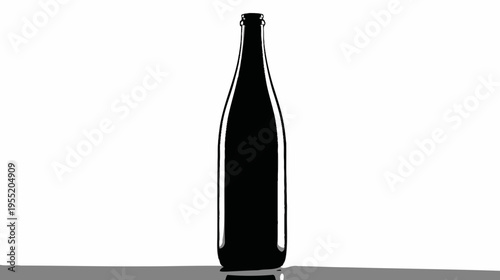 A tall, slender bottle silhouette in black, reflecting on a surface, set against a white backdrop