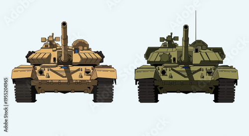 Military tanks in desert and green.