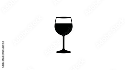 A black, stylized wine glass silhouette, partially filled, set against a pristine white backdrop