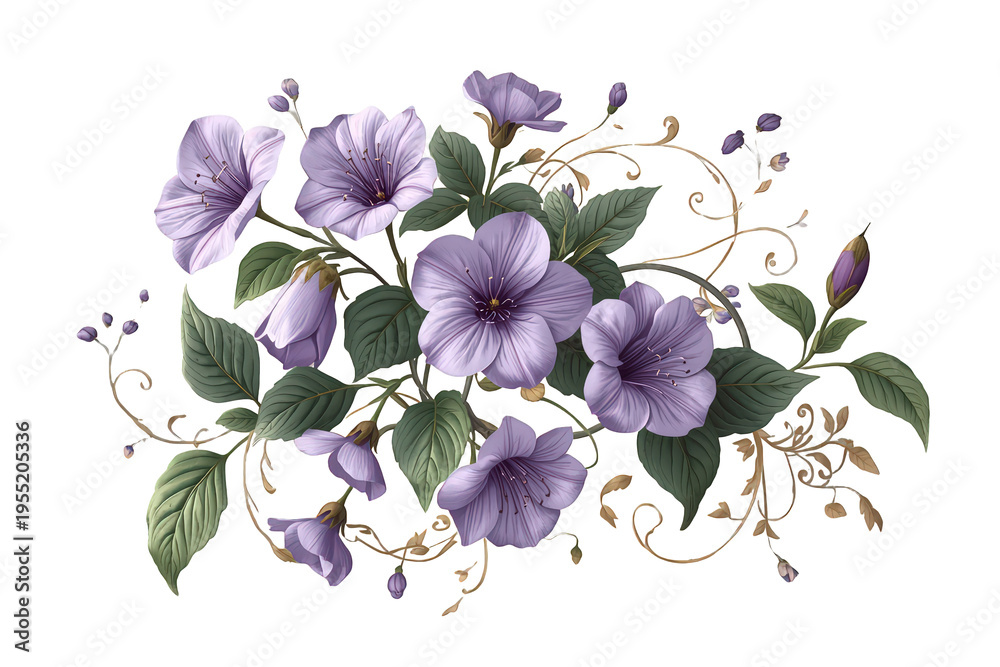 Naklejka premium Purple flowers blooming on a botanical vine with green leaves, creating a delicate floral garland illustration, transparent background
