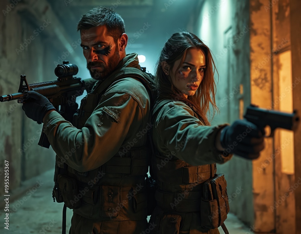 Fototapeta premium Man and woman soldiers aim rifles in dark alley. Focused fighters wear tactical gear, ready for combat. They stand back to back in urban warfare setting.
