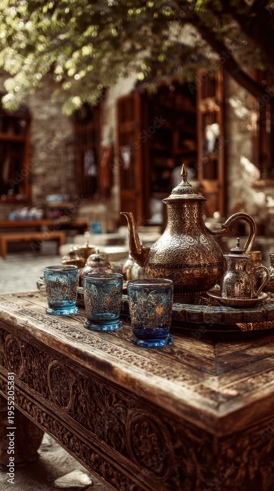 Fototapeta premium Decorative metal teapot and small tea glasses on carved wooden table, rich cultural and vintage atmosphere.
