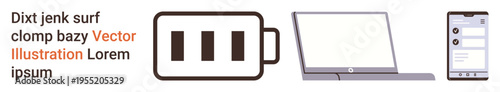 Technology, connectivity, communication, workplace, mobile devices, energy consumption. Battery icon, laptop and smartphone displayed together. Technology and connectivity