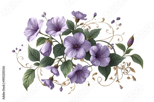 Purple flowers blooming on a botanical vine with green leaves, creating a delicate floral garland illustration, transparent background