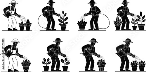 Gardener watering plants illustration, farmer with watering can and hose, plant care vector, eco farming concept, agriculture worker silhouette, garden tools design