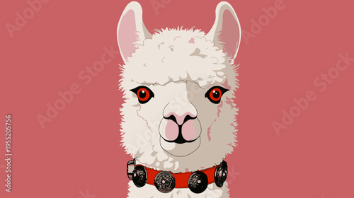 Digital illustration of a white llama with a red collar and a red background