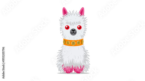 A cartoon llama illustration with white fur, pink ears and feet, red eyes, and a collar