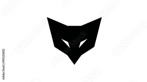 A symmetrical black shape resembling an animal face with sharp angles and triangular eyes on a white background