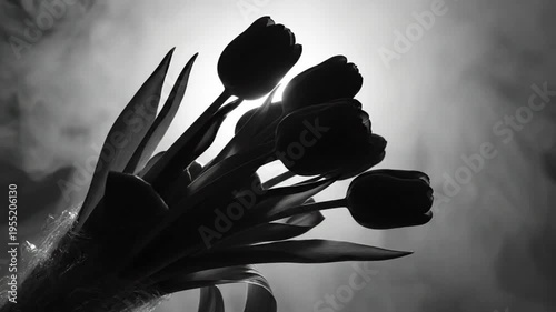Dramatic monochrome shot of a bouquet of tulips set against a smoky background with bright light